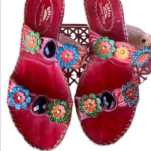 Spring Step "ambrosia" " red Leather open back toe sandal floral size 6 1/2